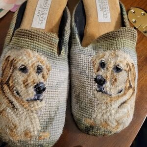 Dog Patterned Slippers - Green and Tan Made By Amy Jo Gladsone Size M